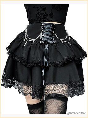 Mini Gothic Skirt Tie Waist Lace Up Double Layered Ruffles Y2k Skirt Set with